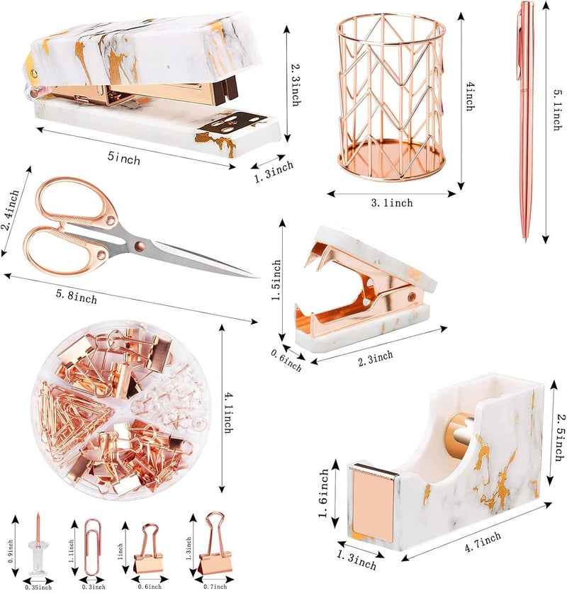 Famassi Rose Gold Marble Desk Accessories, Office Supplies Set Stapler Staple Remover, Tape Holder, Pen 2 Ballpoint Pen, Scissor, Binder Clips, Paper Clips and 1000pcs Staples - Image 2